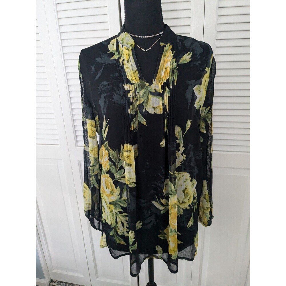 Susan Graver Top Womens XS Tunic Black Yellow Floral Sheer Chiffon Romantic Cami